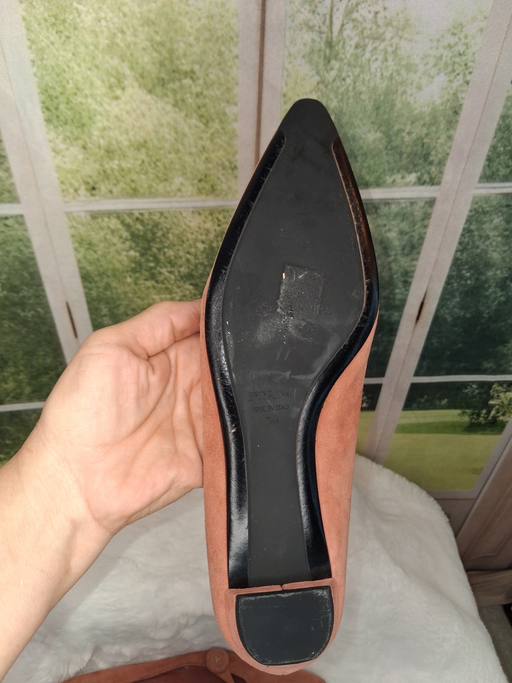 Vintage Prada Cipria Pink Suede Pointed Toe Flats Size 38 Mary Jane Button - Picture 6 of 7
